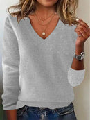 Women's V-neck Sweater Elegant Long Sleeve Ribbed Trim Pullover Solid Knit Wool Base Top for Wear
