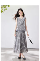 VIMLY Chinese Style Floral Print Skirt Set Women 2026 Summer Outfit Sleeveless Top Maxi Skirt Lady Two Piece Clothing Set A6121