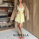 Vestido Curto Feminino Amarelo Chic com Alças e Renda - Sexy Cor Sólida Costas Abertas Praia Férias 2026