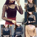 Elegant Lace T-shirt For Women Mesh Long Sleeve Tops See Through Top Transparent Sheer Blouse  High Neck Bottoming Shirts