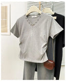 Women's V-Neck Rivet Detail Ruched Short Sleeve T-shirt Casual Slim Fit Crop Top