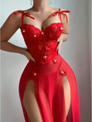 Vestido Longo Feminino Vermelho Floral com Renda Transparente e Alças - Sexy Decote V Profundo Costas Abertas Sem Manga