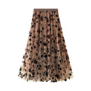 Elegant Floral Women Tulle Skirts High Waist Korean Flocking Pleated Midi Skirts Mesh Summer Office Ladies Skirt New