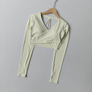 Women's Cross V-Neck Workout Top, Cropped Long Sleeve Open Back Shirt, Sexy Yoga Pilates Fitness Wear
