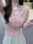 Fashion Women Chic V-Neck Lace Knitted  Cardigan Elegant Shirt Tops