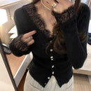Fashion Women Chic V-Neck Lace Knitted  Cardigan Elegant Shirt Tops
