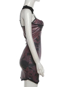 Vestido Mini Feminino Bodycon com Renda Patchwork - Sexy Decote Baixo Costas Abertas Sem Manga Festa Clube