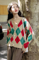 Cardigan Tricô Xadrez Feminino Estilo Coreano - Decote V Outono Inverno 2025