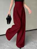 Flowy Wide Leg Palazzo Pants for Women - High Waist Pleated Trousers, Elegant Burgundy Office Suit Pants Spring Summer Slacks