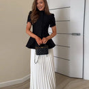 Elegant Short Sleeve Waist Single Breasted Top Pleated Midi Skirts Fashion A Line Skirt Set for Women 2026 Spring Female Outfits