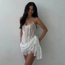 Vestido Mini Feminino Sexy Tomara que Caia com Renda e Franzido - Sem Alças Costas Abertas Festa Clube