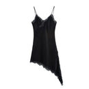 Vestido Mini Feminino com Renda Patchwork e Alças Finas - Irregular Costas Abertas Fenda Sexy Decote V Festa