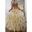 Women Boho 2 Piece Floral Chiffon Maxi Dress Sexy Summer Lace Corset Top & Tiered Flowy Tulle Skirt Set for Prom Wedding Party