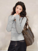 Elegant Ruched Cross V Neck Knit Top Slim Fit Long Sleeve Shirt for Women Chic Casual Early Spring Daily Base Layer Style Lady