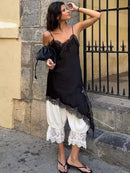 Vestido Mini Feminino com Renda Patchwork e Alças Finas - Irregular Costas Abertas Fenda Sexy Decote V Festa