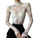 Sexy Lace Blouse Shirts Summer Women Turtleneck Long Sleeve See Through Lace Patchwork Thin Tops