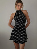 Vestido Mini Feminino com Poa e Halter - Ombro Frio Sexy Costas Abertas Festa Clube