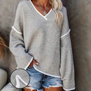 New Women's V-Neck Knit Sweater White Trim Plus Size Casual Fashion Pullover Bohemian Top for Fall Winter Chic y2k clothing