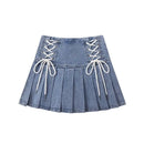 Denim Pleated Skirts Women Cute Lace-up Chic Girlish Summer Mini Skirt Korean Style Fashion Sexy High Waist Streetwear College