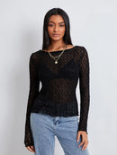 Women Lace Pullover TopS Retro Long Sleeve Round Neck See Through Solid Color Fitted T-Shirts Casual Blouse Streetwear Y2K 2000s
