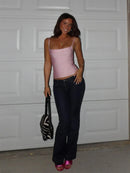 Spaghetti Strap Square Neck Bandage Cami Top Solid Black Tight-Fitting Casual Tops 2026 Summer Lady Trendy Edgy Daily Outfit