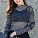 Women Lace Bottomed Blouse T-shirt Spring And Autumn Long Sleeve Mesh Crop Top Foreign Style Sexy Hollow Mesh Top High Neck 2024