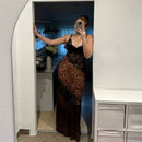 Vestido Maxi Feminino com Estampa de Leopardo e Alças - Sexy See Through Sem Manga Costas Abertas Praia Clube