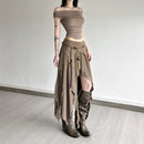 Pleated Stacked Women Skirts Classic Solid High Waist Straight Sheath Maxi Bottoms Female Elegant All-matched Streetwear