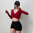 Women's Cross V-Neck Workout Top, Cropped Long Sleeve Open Back Shirt, Sexy Yoga Pilates Fitness Wear