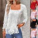 Lace Blouse Tee Shirt Women Vintage Top Solid Full Sleeve Square Collar Streetwear Ladies Casual Spring Summer Basic Tops 2025