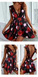 Vestido Feminino com Estampa e Alças de Cetim com Renda - Sexy Decote V Profundo Costas Abertas Elegante Verão