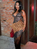 Vestido Maxi Feminino com Estampa de Leopardo e Alças - Sexy See Through Sem Manga Costas Abertas Praia Clube