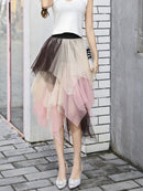 Women's Midi Skirt, Elegant Elastic Waist Contrast Color Autumn Tulle Skirt, Suitable for Street Party