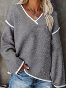 New Women's V-Neck Knit Sweater White Trim Plus Size Casual Fashion Pullover Bohemian Top for Fall Winter Chic y2k clothing