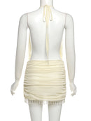 Vestido Mini Feminino Sexy com Renda e Franjas de Pérolas - Halter Costas Abertas Festa