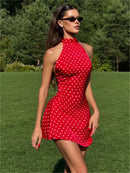 Vestido Mini Feminino com Poa e Halter - Ombro Frio Sexy Costas Abertas Festa Clube