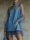 Vestido Jeans Feminino Mini com Tule e Manga Longa - Festa Chique