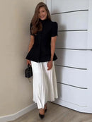Elegant Short Sleeve Waist Single Breasted Top Pleated Midi Skirts Fashion A Line Skirt Set for Women 2026 Spring Female Outfits