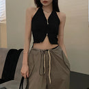 Regata Cropped Halter com Zíper - Feminina Sexy Streetwear Sem Manga