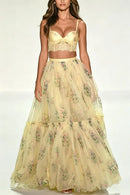 Women Boho 2 Piece Floral Chiffon Maxi Dress Sexy Summer Lace Corset Top & Tiered Flowy Tulle Skirt Set for Prom Wedding Party