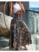 Women Fashion Floral Print Folds Bohemian Elastic High Waist  Skirt Ladies Knee-Length Long Skirts For Women
