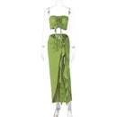 Two Piece Skirt Set for Women Sexy 3D Flower Tube Top High Split Long Maxi Skirt Womens Vacation Outfits