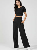 Casual High Waist Wide Leg Pants Women Summer Black Fitness Running Yoga Sport Trousers Straight Jogger Leggings