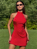 Vestido Mini Feminino com Poa e Halter - Ombro Frio Sexy Costas Abertas Festa Clube