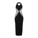 Vestido Longo Feminino com Renda Contrastante e Halter - Sexy Costas Abertas Festa