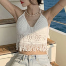 Women Crochet Halter Top Summer Beach Knit Crop Tank Fringe Boho Lace Up Backless Cami Blouse Festival Vacation Wear
