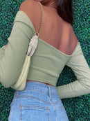 Cropped Manga Longa Feminino com Recortes - Decote V Slim Costas Abertas Outono/Inverno