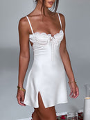 Vestido Mini Feminino Vintage com Alças e Renda - Sexy Sem Manga Costas Abertas Amarrão Cor Sólida Verão