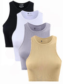 4Pcs Women Rib Knit Crop Tank Top Casual Sleeveless Crew Neck Slim Fit Basic Camisole Streetwear Summer Daily Workout Yoga Tops