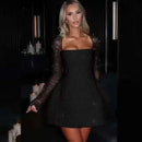 Vestido Mini Feminino com Renda Patchwork e Cintura Franzida - Linha A Costas Abertas Sexy Festa Balada Outono Inverno